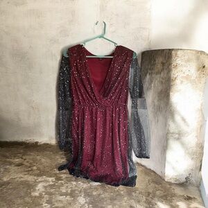 Sparkle Mesh Sleeve Burgundy Party Dress